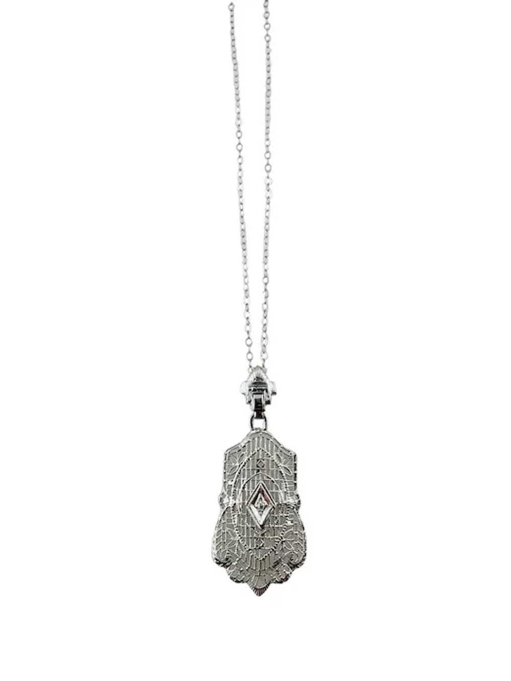 14K White Gold Diamond Filigree Pendant Necklace … - image 8