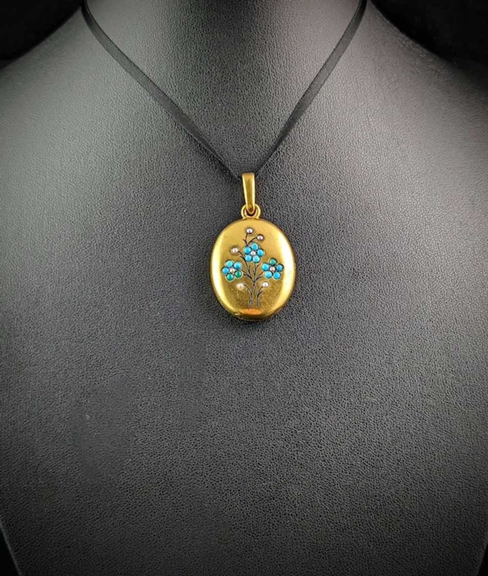 Antique 15k gold Turquoise and Pearl locket, Forg… - image 10