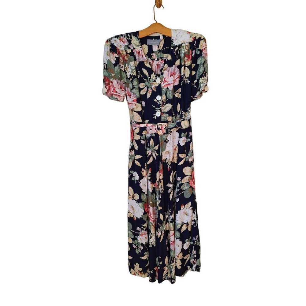 Vintage 80s does 40s Navy Floral Rayon Dress Wome… - image 11