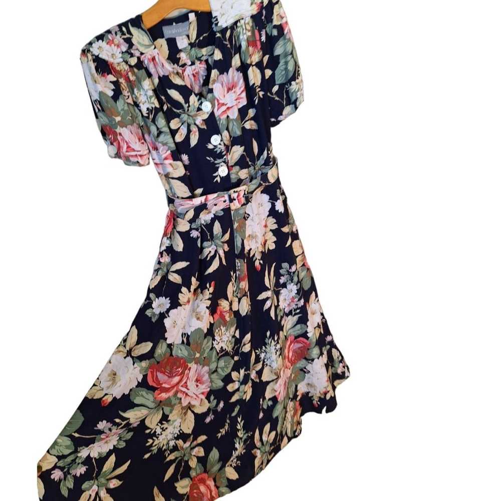 Vintage 80s does 40s Navy Floral Rayon Dress Wome… - image 12