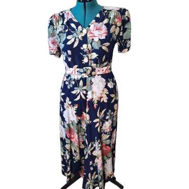 Vintage 80s does 40s Navy Floral Rayon Dress Wome… - image 1