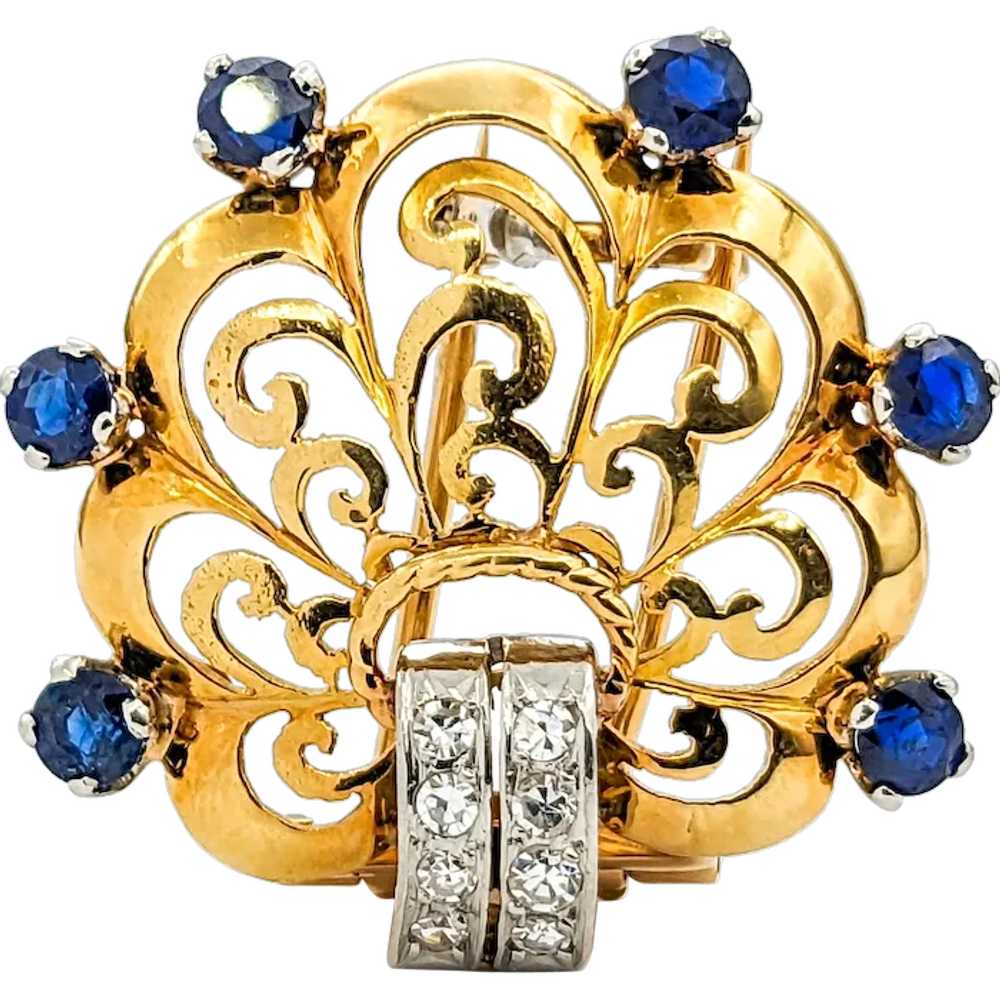 Diamond & Sapphire Scallop Brooch In Yellow Gold - image 1