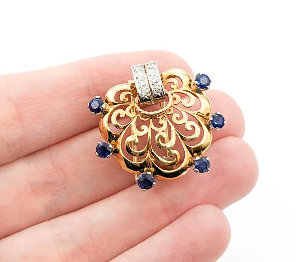 Diamond & Sapphire Scallop Brooch In Yellow Gold - image 2