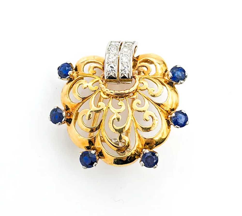 Diamond & Sapphire Scallop Brooch In Yellow Gold - image 3