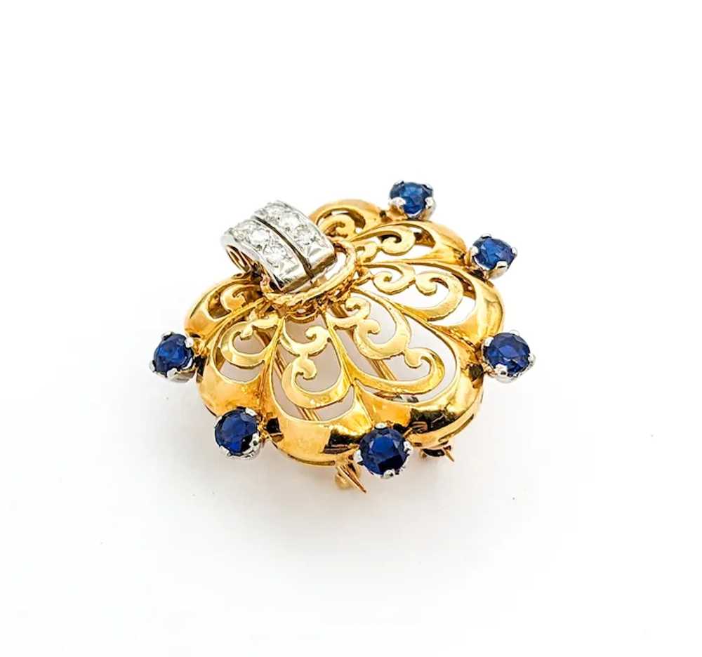 Diamond & Sapphire Scallop Brooch In Yellow Gold - image 5