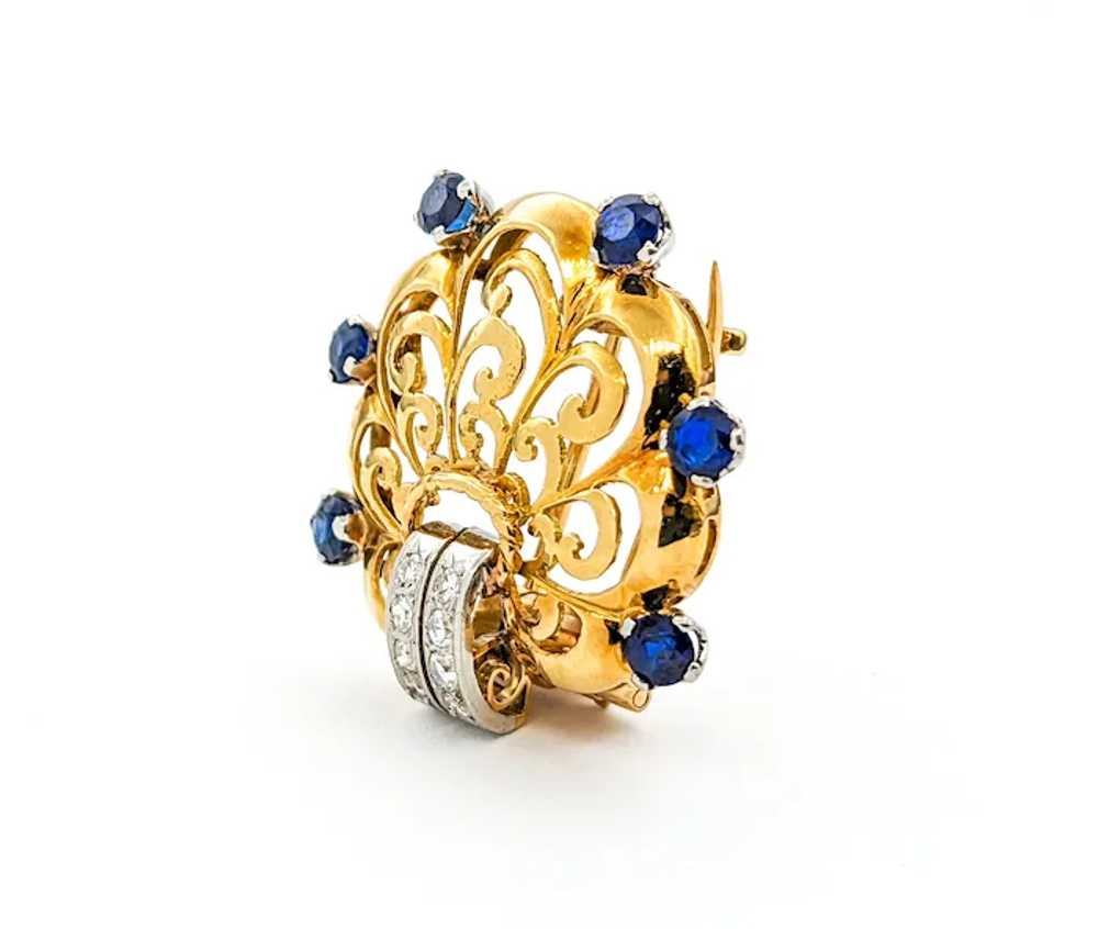 Diamond & Sapphire Scallop Brooch In Yellow Gold - image 6