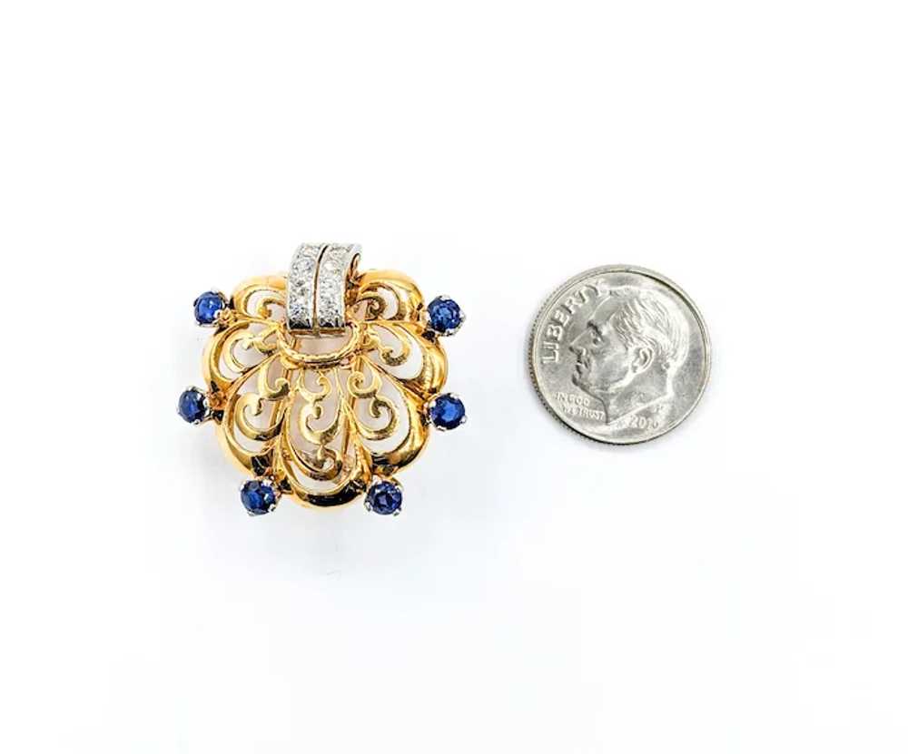 Diamond & Sapphire Scallop Brooch In Yellow Gold - image 8