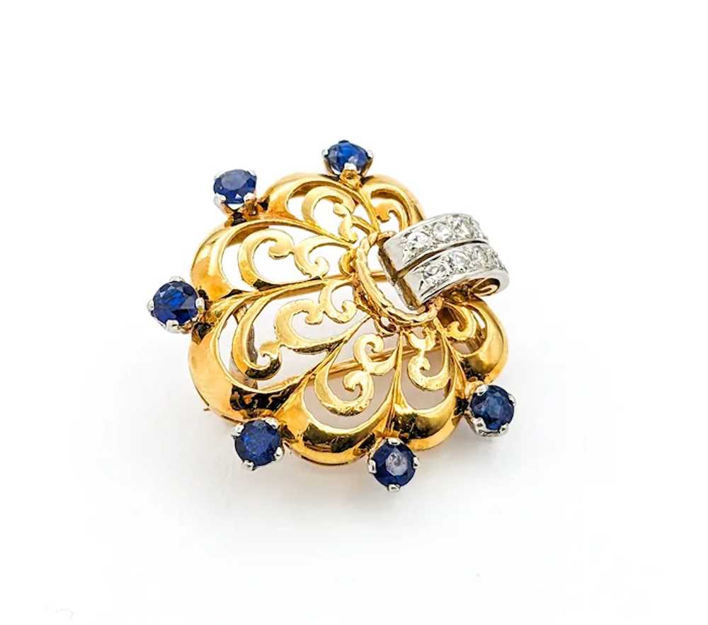 Diamond & Sapphire Scallop Brooch In Yellow Gold - image 9