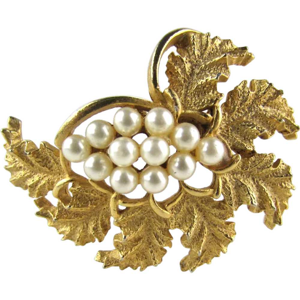 Gold Tone Mid Century Pin WIth Faux Pearl Accents - image 1