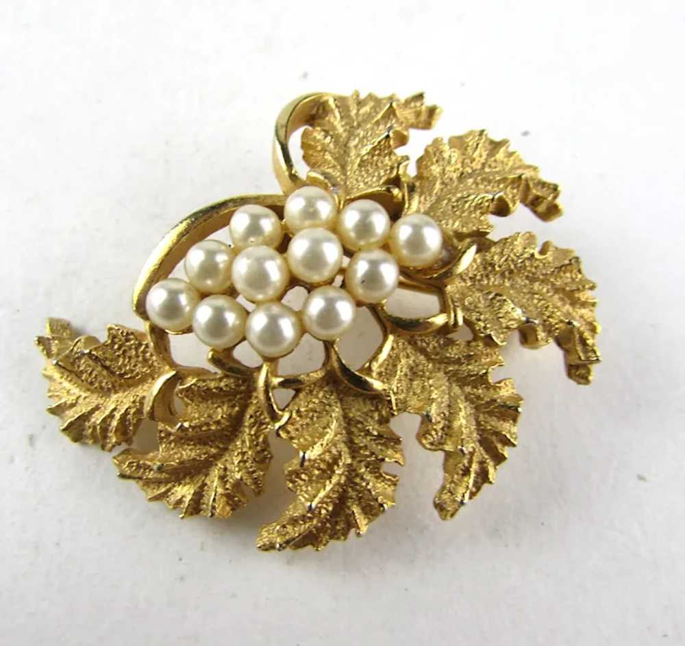 Gold Tone Mid Century Pin WIth Faux Pearl Accents - image 4