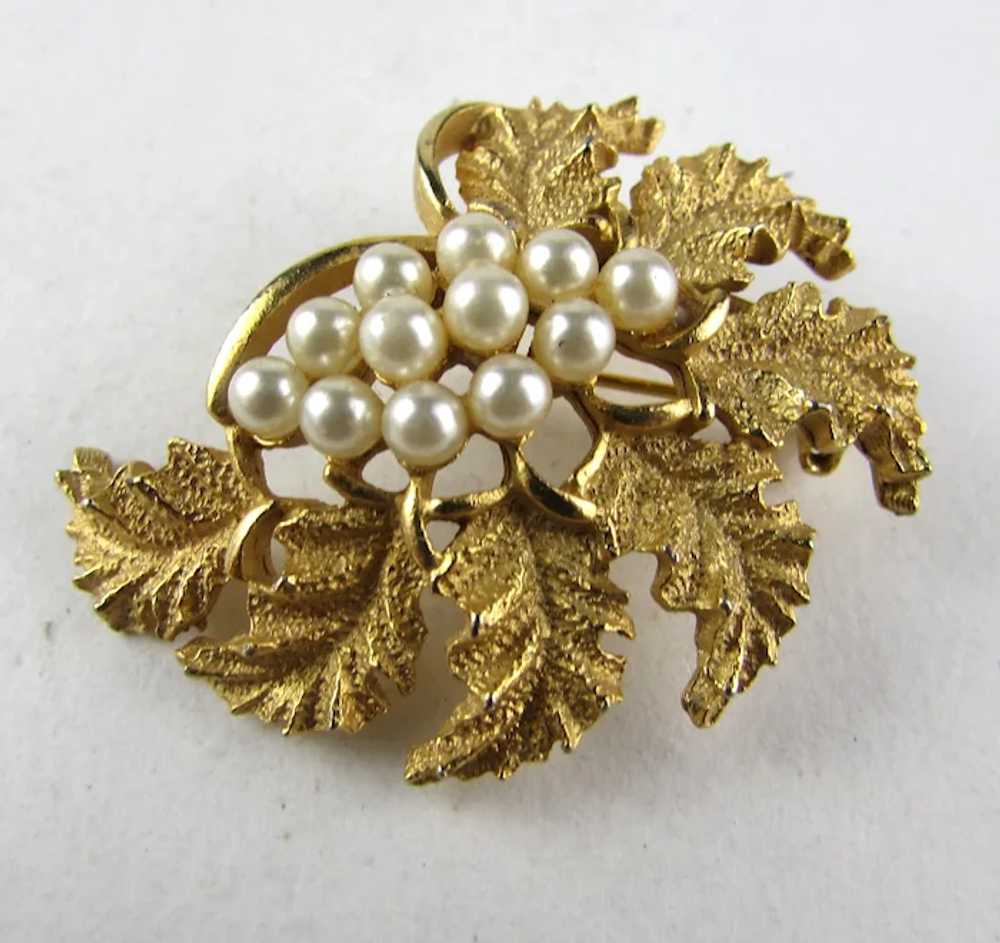 Gold Tone Mid Century Pin WIth Faux Pearl Accents - image 6
