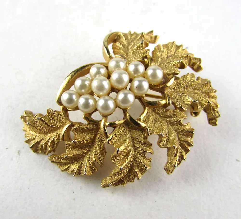 Gold Tone Mid Century Pin WIth Faux Pearl Accents - image 8