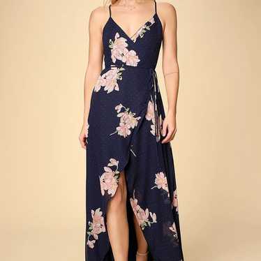 Loiselle Navy Blue Floral Print Polka Dot Wrap Ma… - image 1