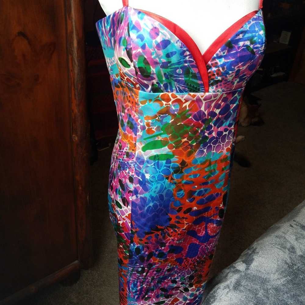 Bold Color & Print Satin Dress with adjustable st… - image 3