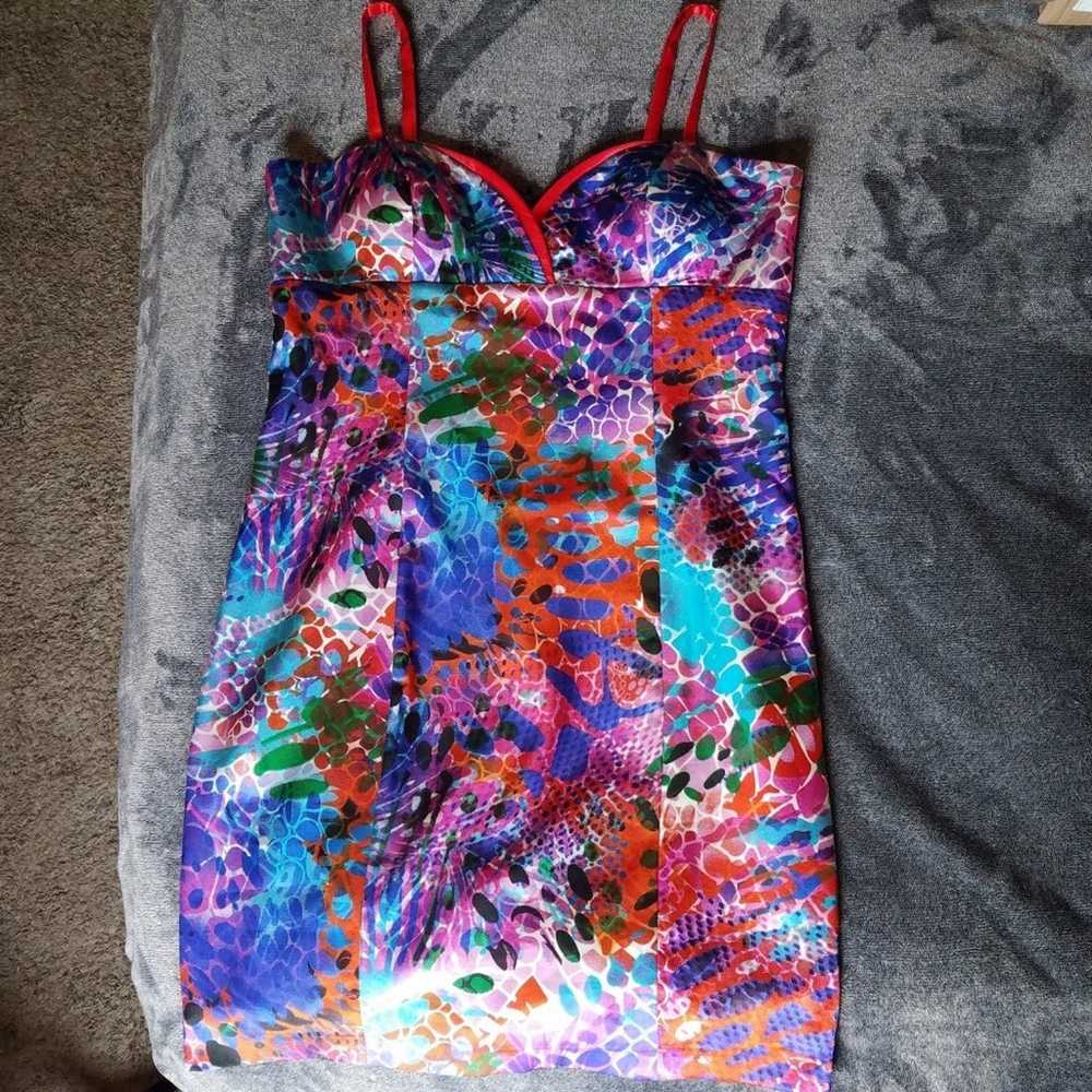 Bold Color & Print Satin Dress with adjustable st… - image 5