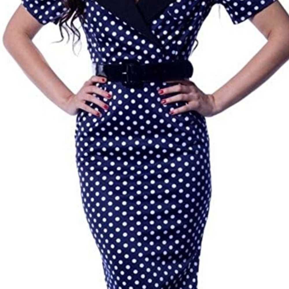 Bettie Page Pinup Polka-dot Navy Blue Dress - image 1