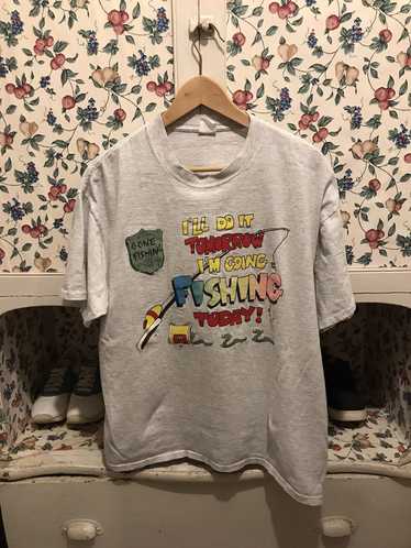 90s Mens Large Spell Out Funny Fishing Equipment Comic T-shirt Gray USA,  Vintage Fishing T-shirt, 1990s Funny Cartoon Fishing T-shirt, 90s T 