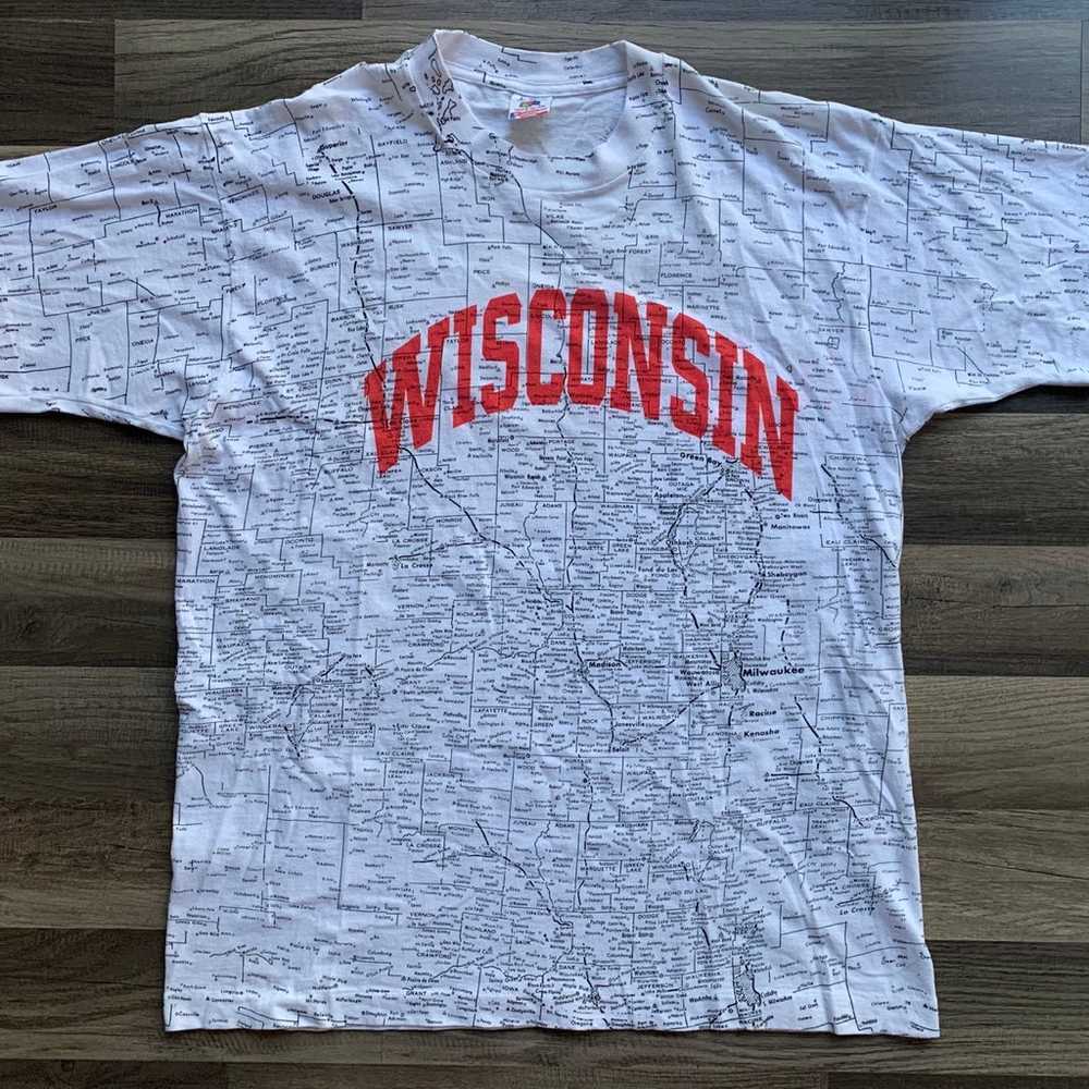 Vtg Wisconsin Map T-Shirt Mens L Single Stitch US… - image 1