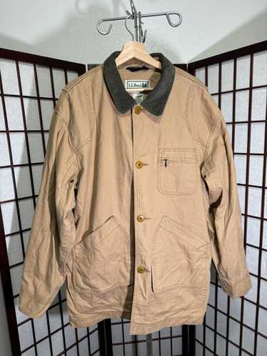 Vintage L.L. Bean store tan chore coat tan with leather collar size woman’s medium