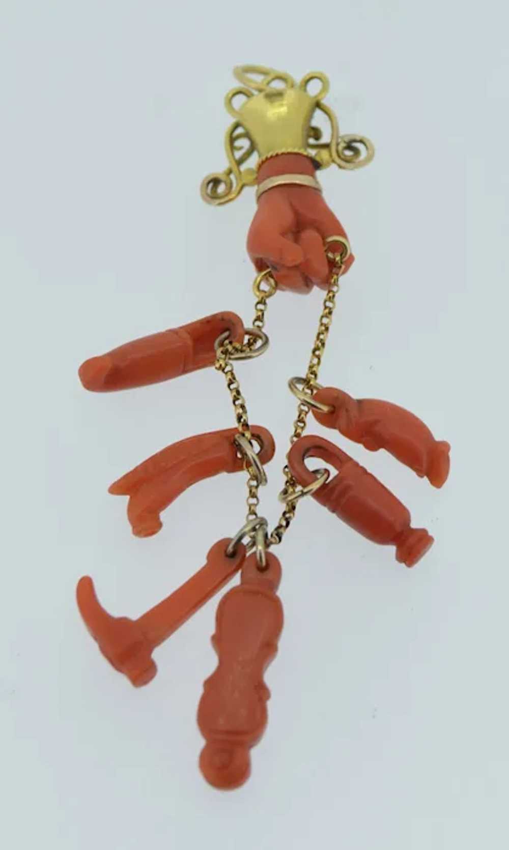 Victorian 14K Coral Hand Figa & Charm Pendant - image 5