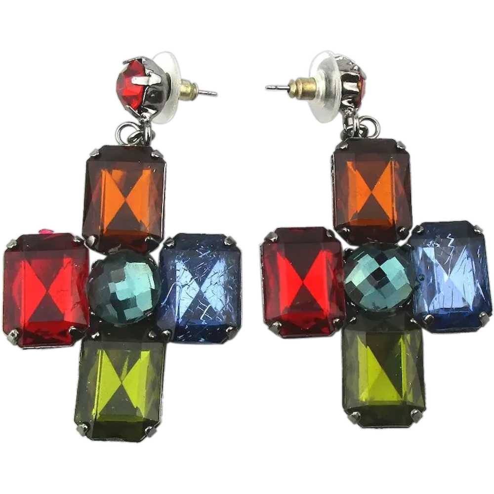 Big Colorful Glass Rhinestone Dangle Earrings - image 1