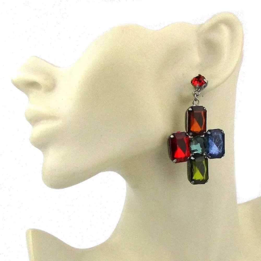 Big Colorful Glass Rhinestone Dangle Earrings - image 2