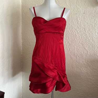 BCBG Max Azria Red Satin Ruffle Hem Mini Dress Fo… - image 1
