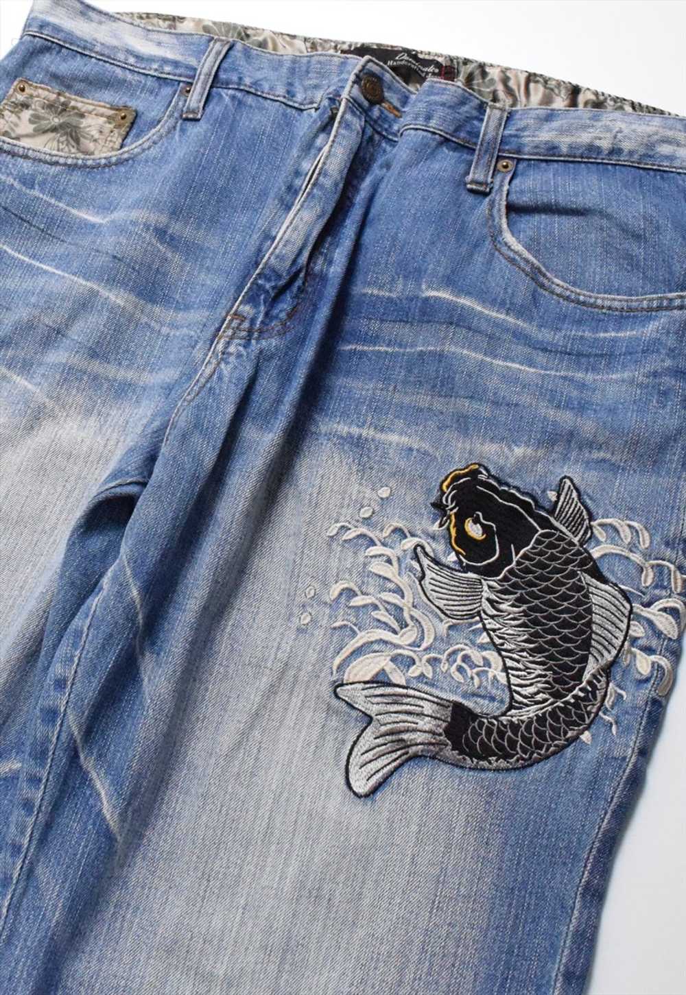 Vintage Japanese Embroidered Koi Fish Denim Jeans… - image 3