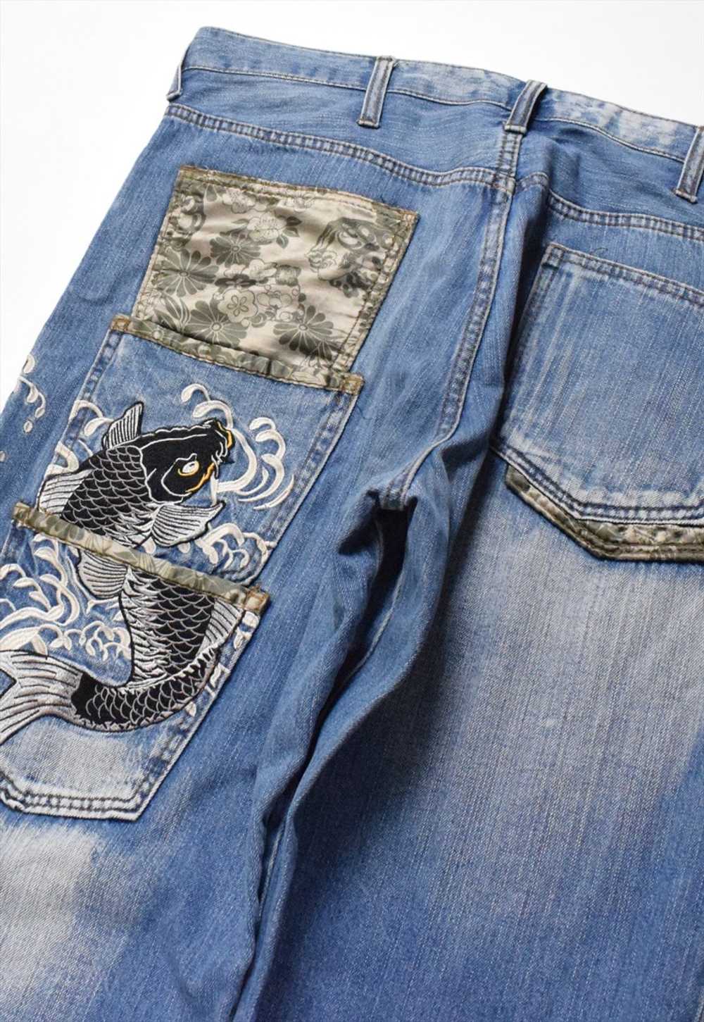 Vintage Japanese Embroidered Koi Fish Denim Jeans… - image 4