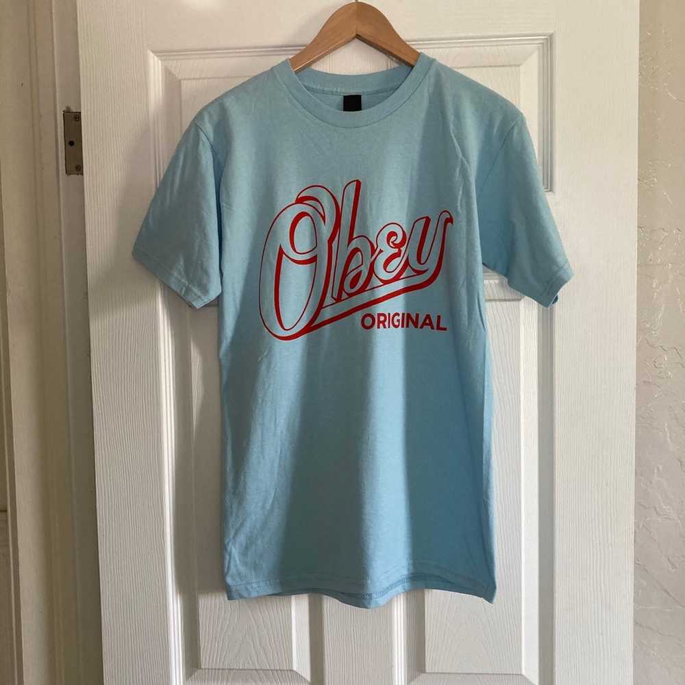 NEW!  Obey graphic logo men’s tee in blue/red com… - image 2