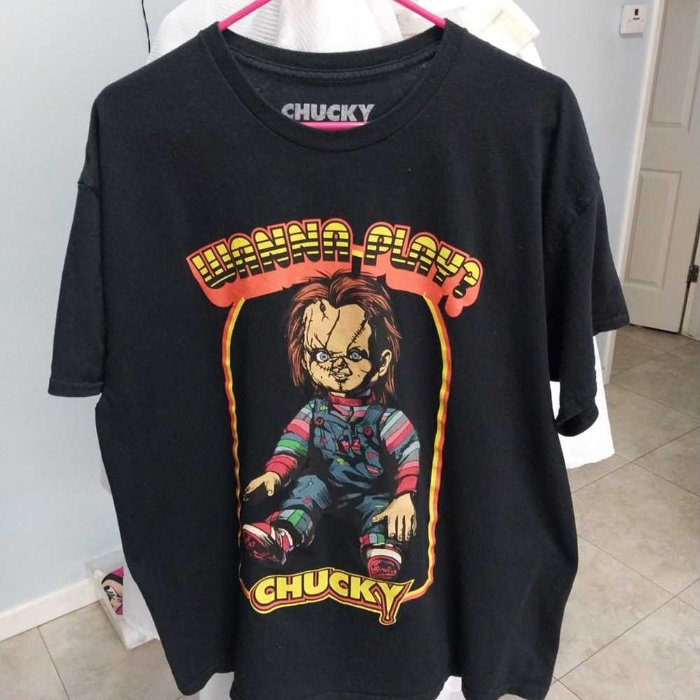 Chucky Men's Chucky Black T-shirt WANNA PLAY? - image 1
