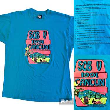 Screen Stars Vtg 1991 SOB V Cancun Blue NEON Pink… - image 1