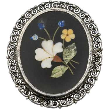 800 Silver Floral Pietra Dura Mosaic Filigree Ant… - image 1