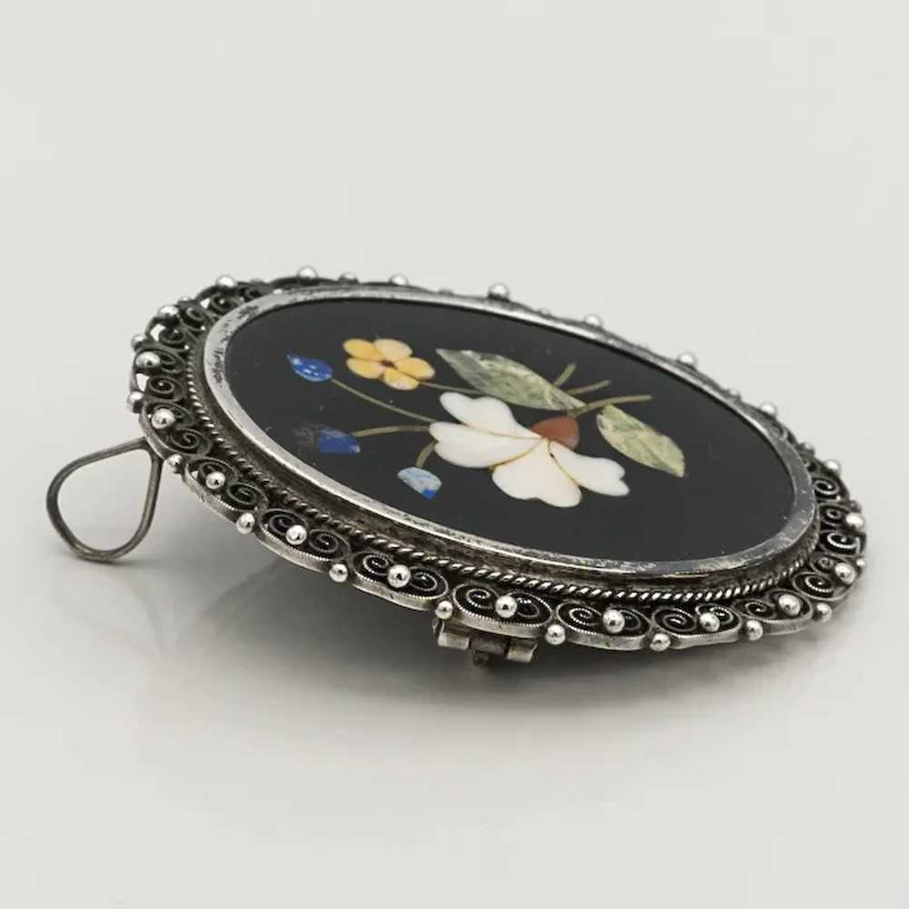 800 Silver Floral Pietra Dura Mosaic Filigree Ant… - image 2