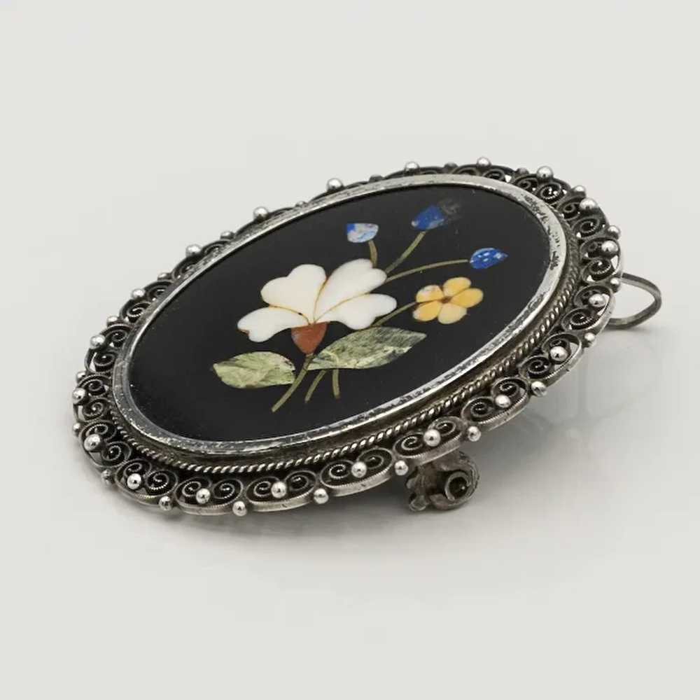 800 Silver Floral Pietra Dura Mosaic Filigree Ant… - image 5