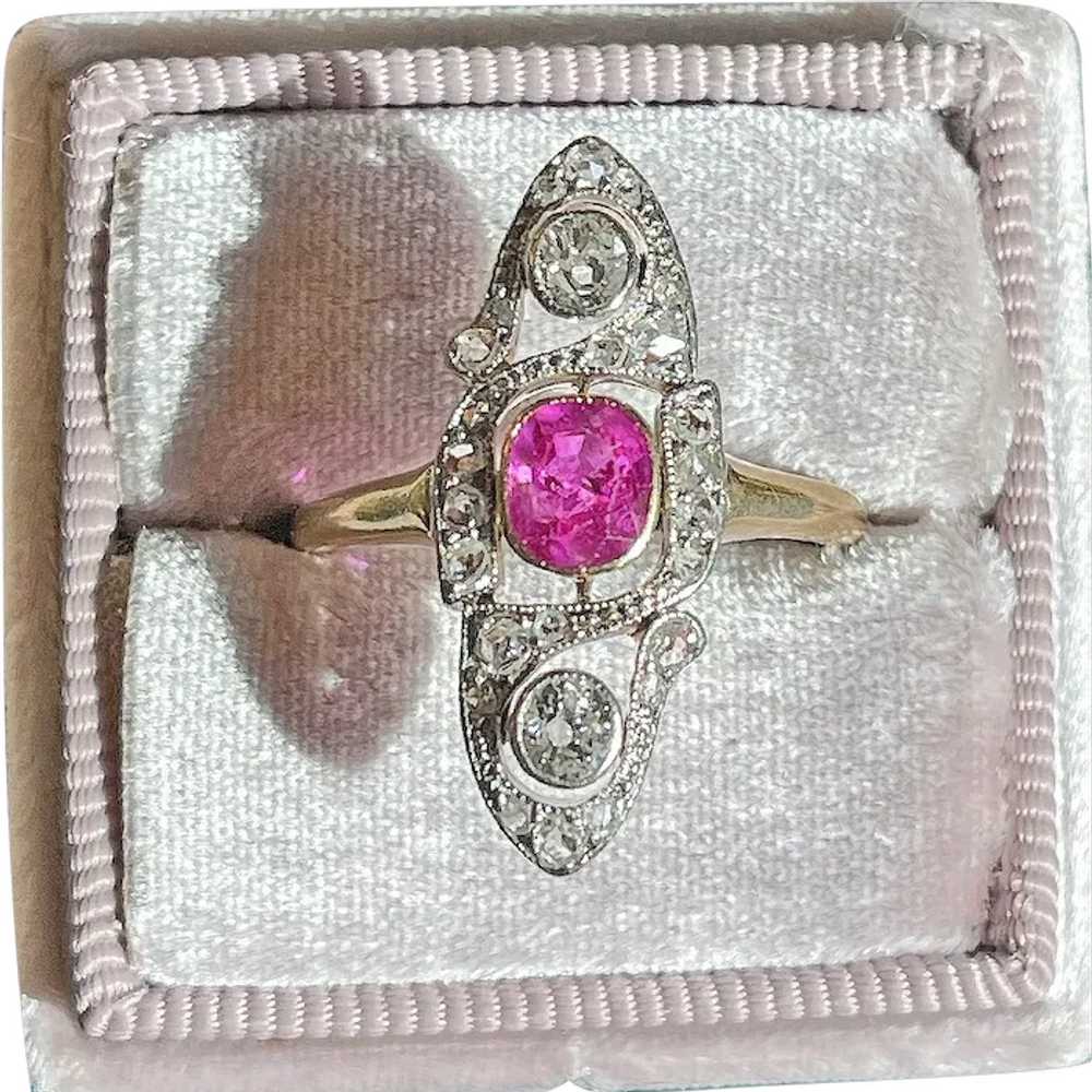 Antique French Ruby Diamond Marquis Ring 18k Gold… - image 1