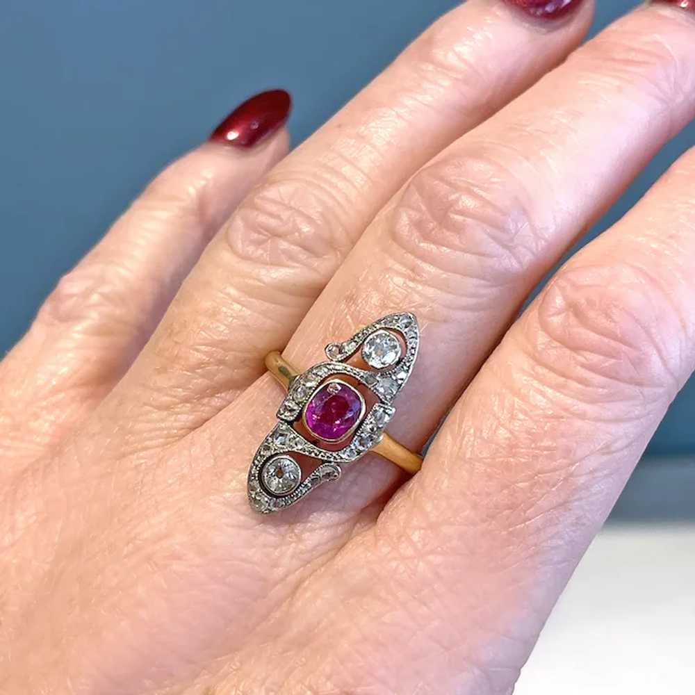 Antique French Ruby Diamond Marquis Ring 18k Gold… - image 2