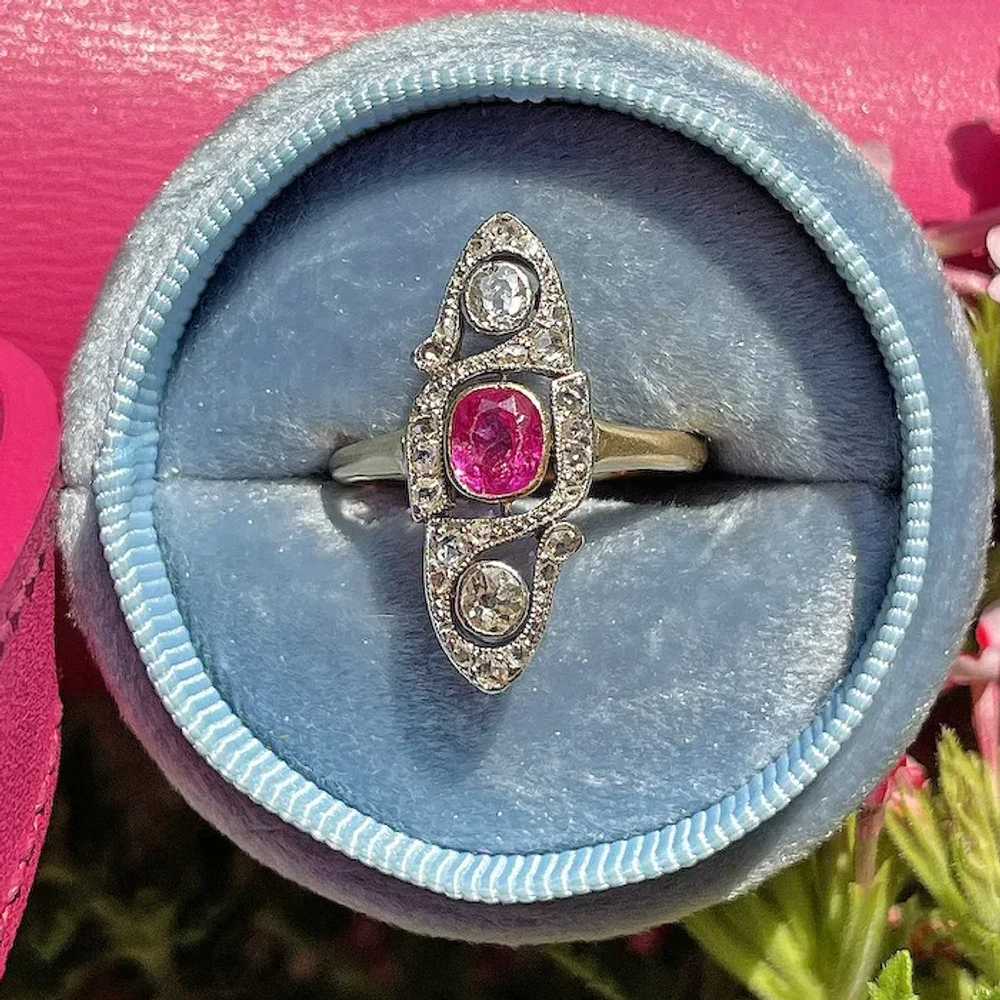 Antique French Ruby Diamond Marquis Ring 18k Gold… - image 3