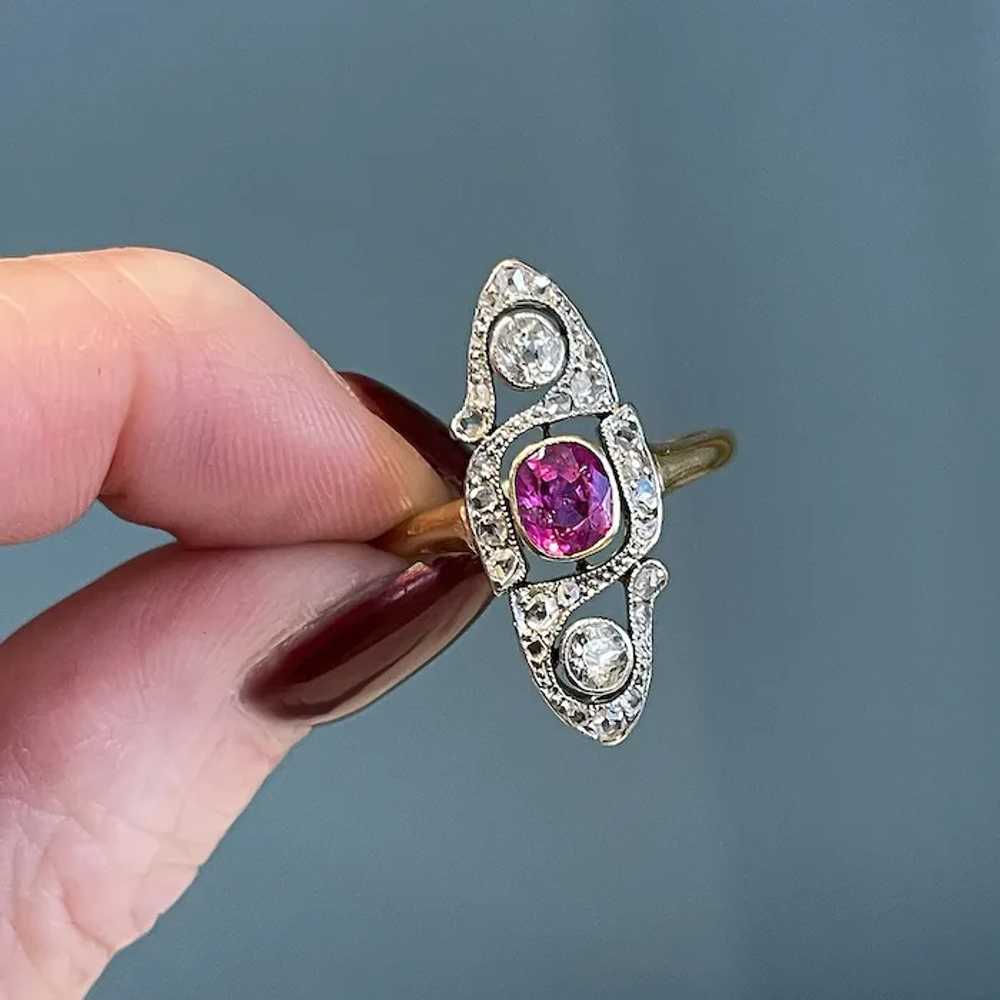 Antique French Ruby Diamond Marquis Ring 18k Gold… - image 6