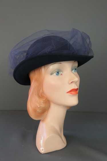 Vintage Dark Blue Felt Hat with Tulle, 1980s Adolf