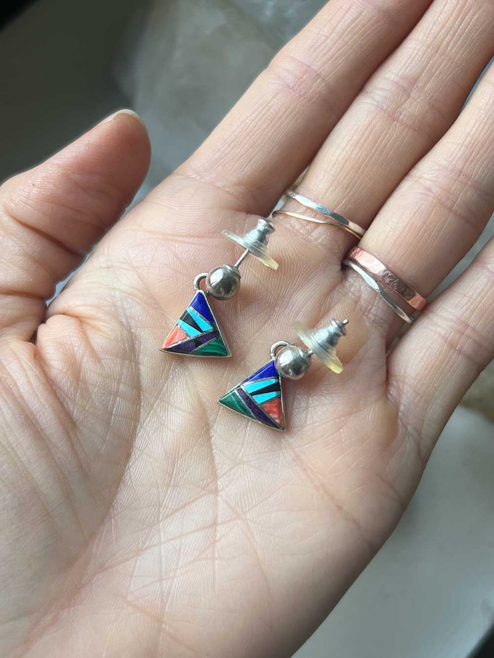 Sterling Silver Triangle Inlay Earrings - image 3