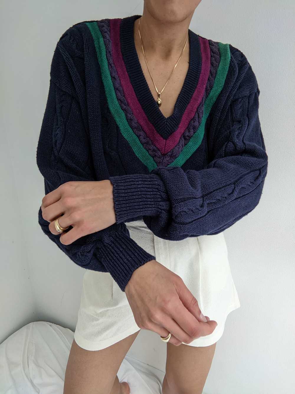 Vintage Navy Collegiate Knit Sweater - image 2