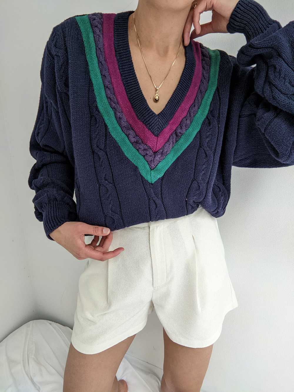 Vintage Navy Collegiate Knit Sweater - image 3