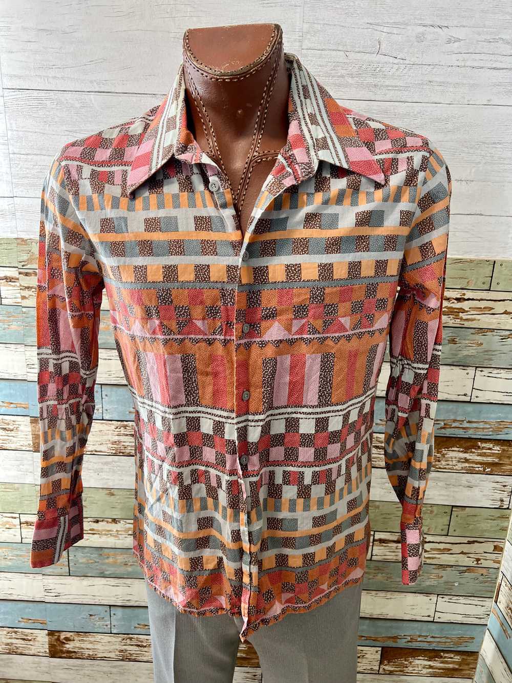 70’s Orange Multicolor Mayan Print Disco Shirt By… - image 1