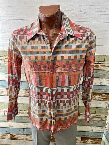 70’s Orange Multicolor Mayan Print Disco Shirt By 