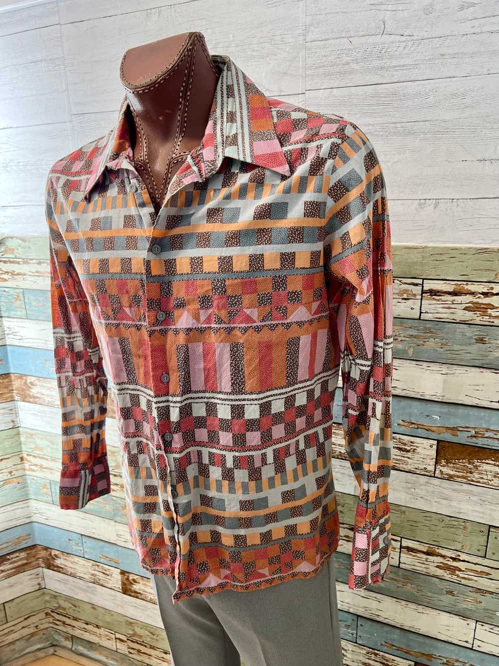 70’s Orange Multicolor Mayan Print Disco Shirt By… - image 2