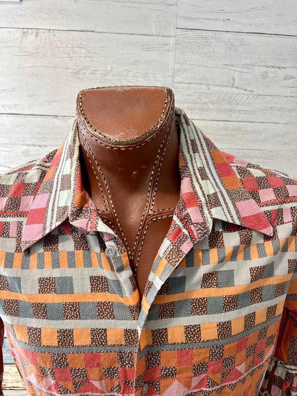 70’s Orange Multicolor Mayan Print Disco Shirt By… - image 3