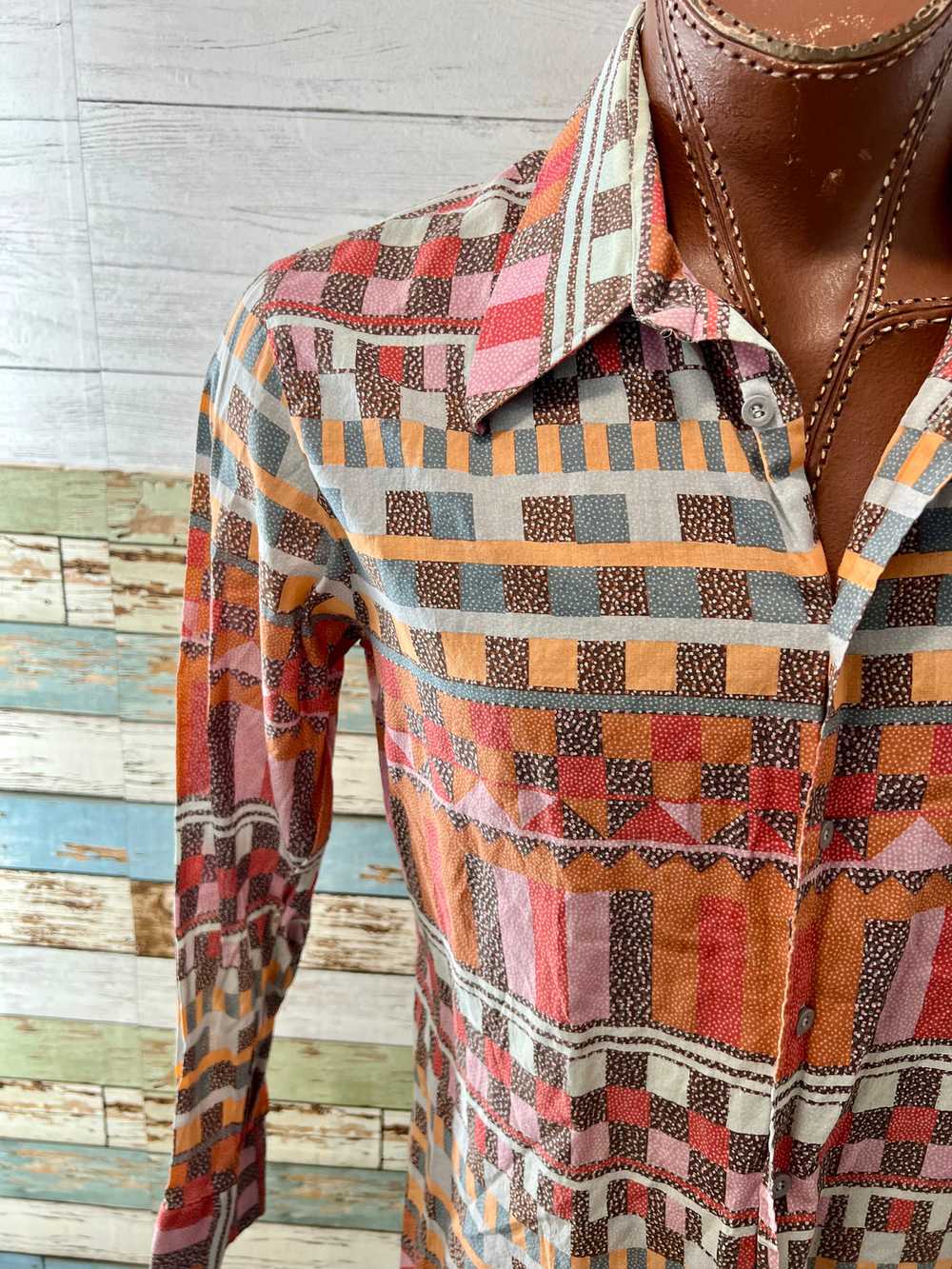 70’s Orange Multicolor Mayan Print Disco Shirt By… - image 4