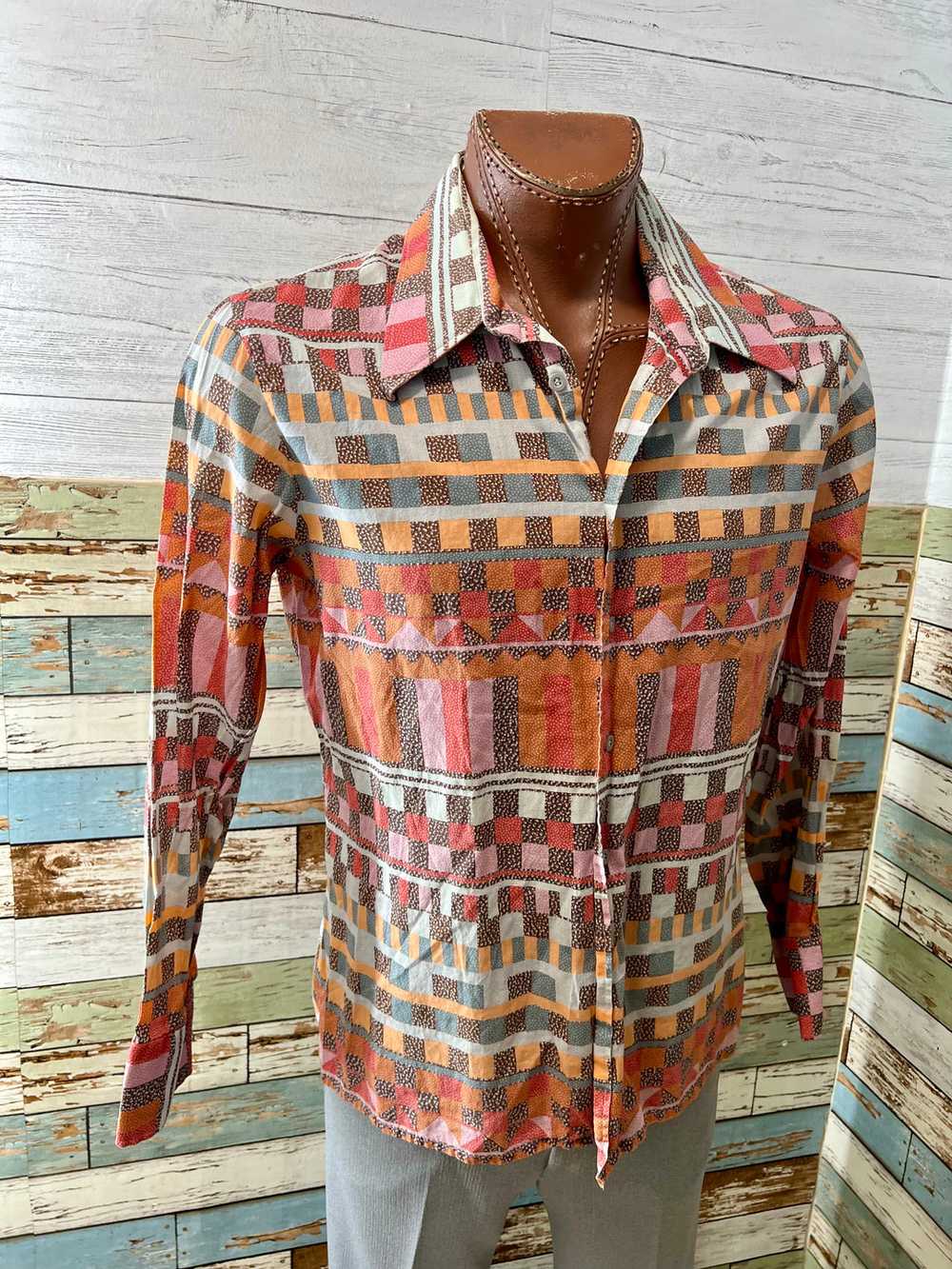 70’s Orange Multicolor Mayan Print Disco Shirt By… - image 5