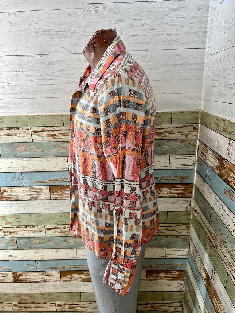 70’s Orange Multicolor Mayan Print Disco Shirt By… - image 6